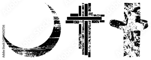 Distressed religious and cultural symbols rendered in gritty black vector art, including moon,, and crucifix, ideal for tattoo, graphic design, or protest art.
