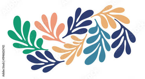 Vibrant leaves curve forming colorful wreath on white background