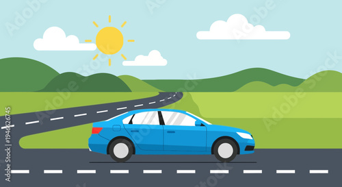 A blue car drives down a winding road through a green landscape on a sunny day.
