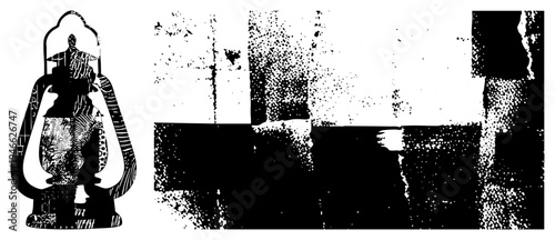 Classic lantern silhouette featuring ornate, halftone shading, vintage design, isolated vector graphic, stylized lighting fixture.