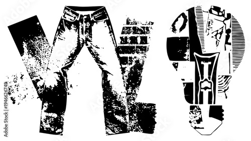 Ripped denim jeans with distressed texture, fashion apparel, streetwear silhouette, punk style, black and white halftone print, urban fashion.