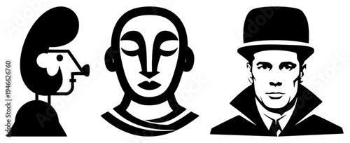 Abstracted human busts in bold black and white, graphic silhouettes, modern, stylized portraiture, vector character design.