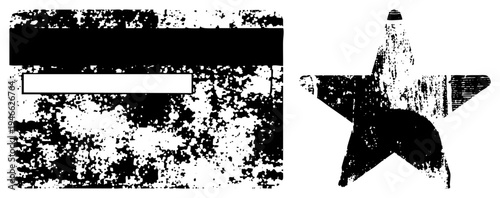 Worn credit card with magnetic strip and blank field, paired with star symbol, both featuring gritty texture, vintage aesthetic, graphic design elements, isolated vector art.