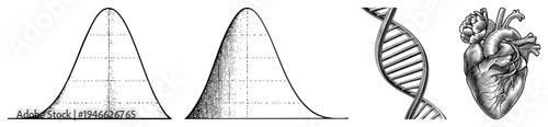 Statistical bell curve graphs with halftone shading, DNA double helix, anatomical heart, engraved vector art, scientific diagram, educational graphic, medical illustration.