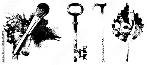 Artistic black and white vector makeup brush with splatter, antique key, cane, and leaf with embedded scene, halftone and distressed style.