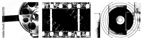 Retro cinema elements including film reel, film strip, and vinyl disc, rendered in halftone grain with circular, classic analog symbols, vector design.