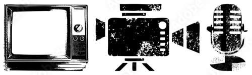 Vintage TV set, film camera, studio microphone, analog broadcasting equipment, classic tools, old school recording gear.
