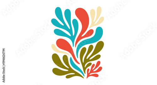 Vibrant abstract illustration of colorful leaves and branches in a stylized artistic composition on a white background with 3D effect