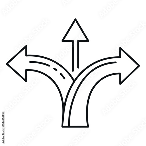 Black line of three way road junction with arrows line black white background