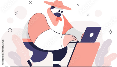 A stylized character in a hat using a laptop amidst abstract shapes and leaves