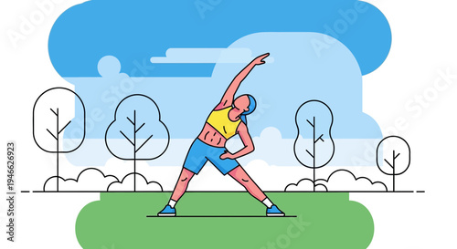 Energetic person stretching outdoors in a vibrant park setting, practicing healthy lifestyle and flexibility with a dynamic exercise routine under a clear sky