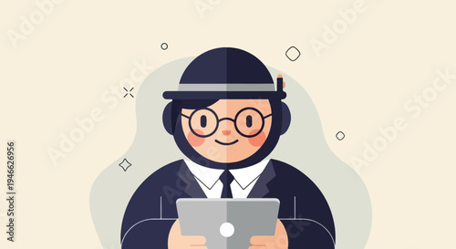 A stylized character in a suit and bowler hat holds a tablet