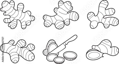 Black and white ginger root with knife and slices food