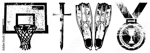 Set of four distressed hoop, sword, flippers, medal. Sport, adventure, victory symbols. Black and white, textured, gritty style.
