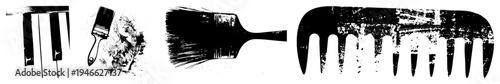 Black and white distressed brush, paintbrush, comb, piano keys artistic tools with grunge texture, vector for creative projects.