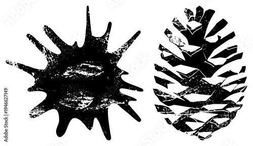 Textured black ink blot with uneven drips, pinecone silhouette with layered scales, vector graphic, distressed design, art, rustic nature motif.