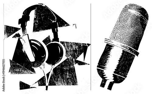 Graphic representation of gear, studio equipment, sound recording tools, music production, black and white vector art.