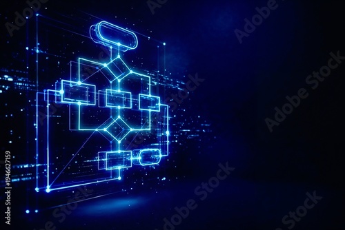 Concept of digital system architecture and data flow visualization with glowing futuristic interface diagram, representing technology strategy, AI infrastructure and network processes on dark backgrou