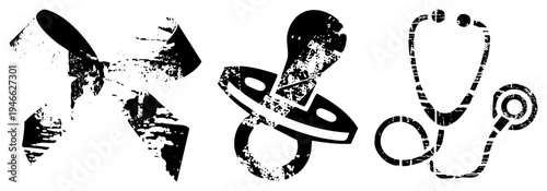 Distressed stethoscope, pacifier, and bow tie with gritty texture, ideal for healthcare or nursery themes, vector graphics.