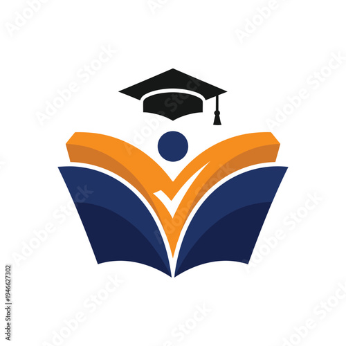 Vibrant logo combining open book pages forming human figure with graduation cap and check mark symbolizing academic success learning and educational achievements