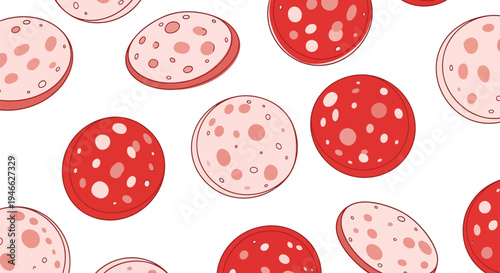 A group of red and pink pepperoni and ham slices on a white background