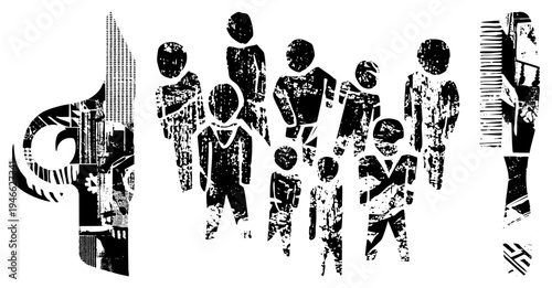 Stylized human figures in black and white, urban crowd, city dwellers graphic, minimalist people design, halftone texture overlay.