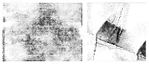 Vector graphic composed of halftone dots forming abstract geometric forms, minimalist design, digital art, isolated foreground, aesthetic, dot matrix texture.