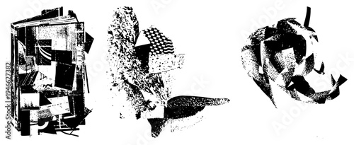 Fragmented black and white forms with halftone texture, graphic composition, stylized vector art, abstract collage, modern design elements.