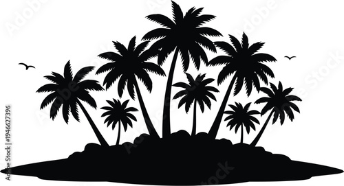 A black silhouette of a tropical island with palm trees