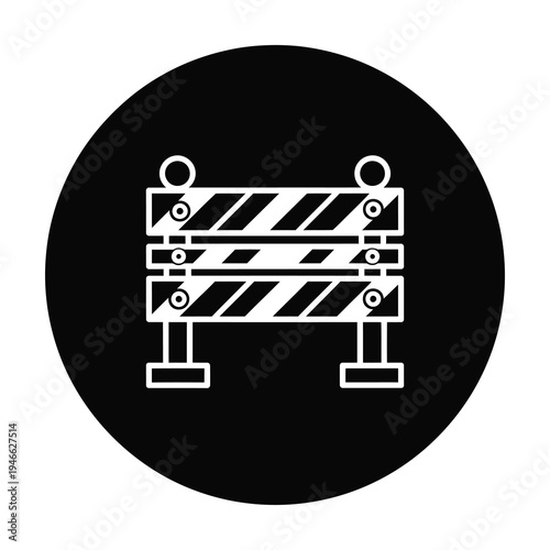 Construction barrier icon with diagonal stripes on black circle icon
