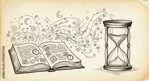 Open book with swirling musical notes and hourglass.