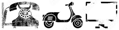 Grunge style black vector of rotary phone, scooter, and monitor, isolated on transparent background, retro tech symbols, distressed texture, minimalist design.