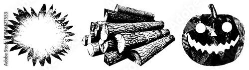 Carved pumpkin with triangular eyes and jagged grin, rustic woodpile with bark texture, halftone sunburst Halloween decor elements.