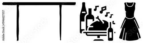 Silhouette for dining table, wine bottles with music notes, roasted turkey, and dress. Flat vector symbols for events, parties, or lifestyle branding.