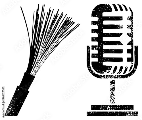 Retro microphone and fiber optic, graphic design elements, broadcast equipment, communication tools, black and white vector art.