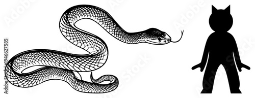 snake with detailed scales facing cat silhouette, stylized animal illustration, graphic, symbolic predator prey, flat vector design.