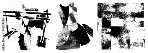 Fragmented black shapes with halftone texture, abstract composition, graphic design elements, vector art, stylized forms, digital illustration, art.