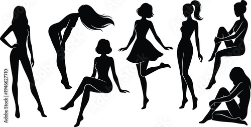 Elegant women silhouette set, female standing sitting posing fashion model body shapes black vector isolated stylish girl collection