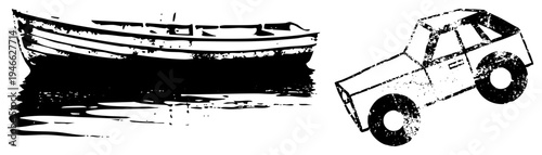 Stylized boat with water ripples and rugged 4x4 vehicle, both in halftone texture, vector art, isolated graphics, classic transport.