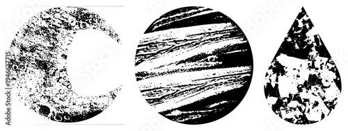 Moon cratered surface, Jupiter striped bands, water droplet texture all in stark black and white halftone vector style, isolated foreground elements.