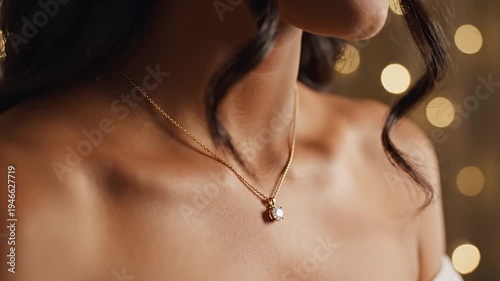 Elegant woman wearing a delicate gold necklace with a sparkling pendant