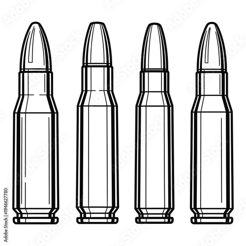 Four bullets in a row with pointed tips and cylindrical bodies  ammunition icon