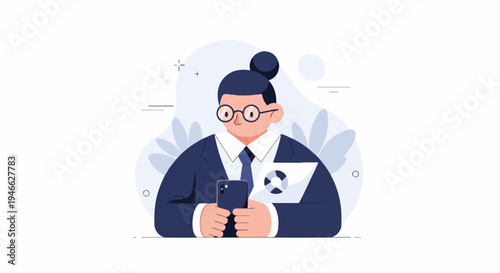 A person in a suit holds a smartphone and a report with charts