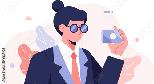 A person in a suit holds a smartphone, with abstract leaves behind them