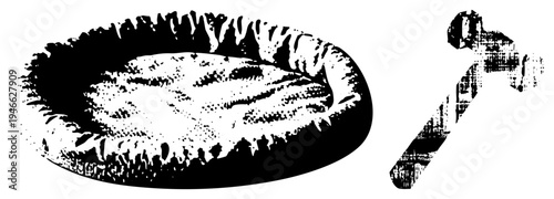 Bold graphic design featuring two halftone forms one oval, one angular rendered in high contrast with gritty texture, ideal for modern digital art or UI elements.