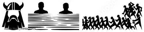 Viking helmet, drowning people in water ripples, running crowd silhouettes, black and white vector art, stylized human forms.