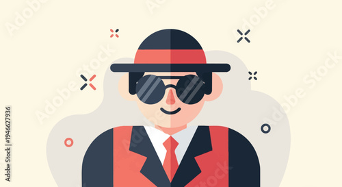 A stylized character wears a hat and dark sunglasses, smiling warmly