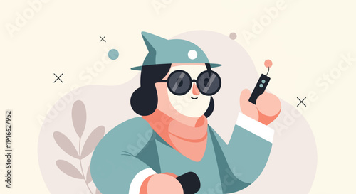 A stylized character wearing a pointed hat and round sunglasses, holding a remote