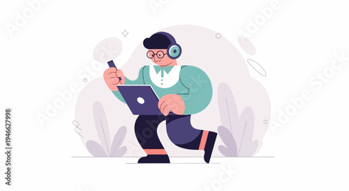 A person wearing headphones and glasses, holding a stylus and laptop