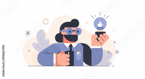 A stylized character with a beard and glasses holds a lightbulb